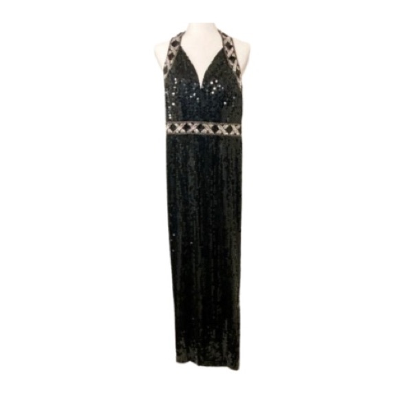 Special Occasion Gown By Caché: Black & Silver Sleeveless Sequin Gown - Size 6 - Picture 2 of 13